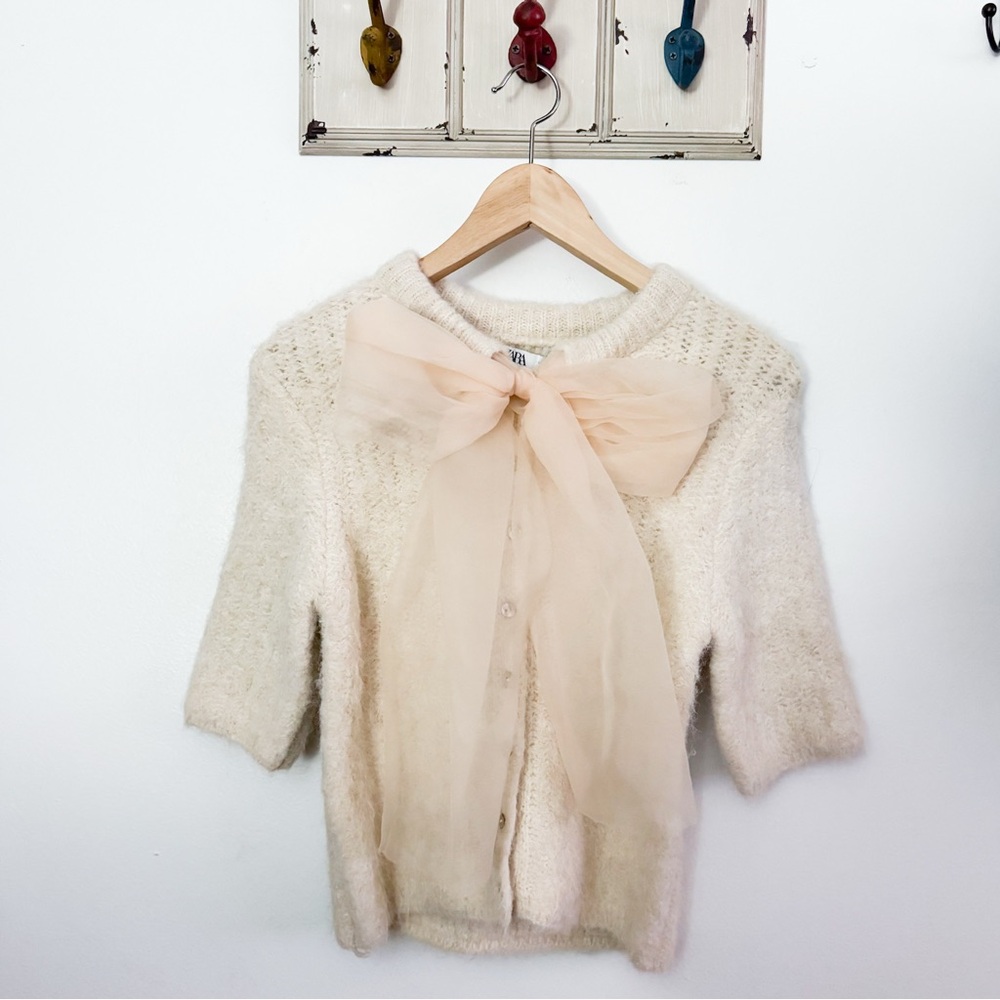 Zara Cream Knit Sweater with Sheer Bow S